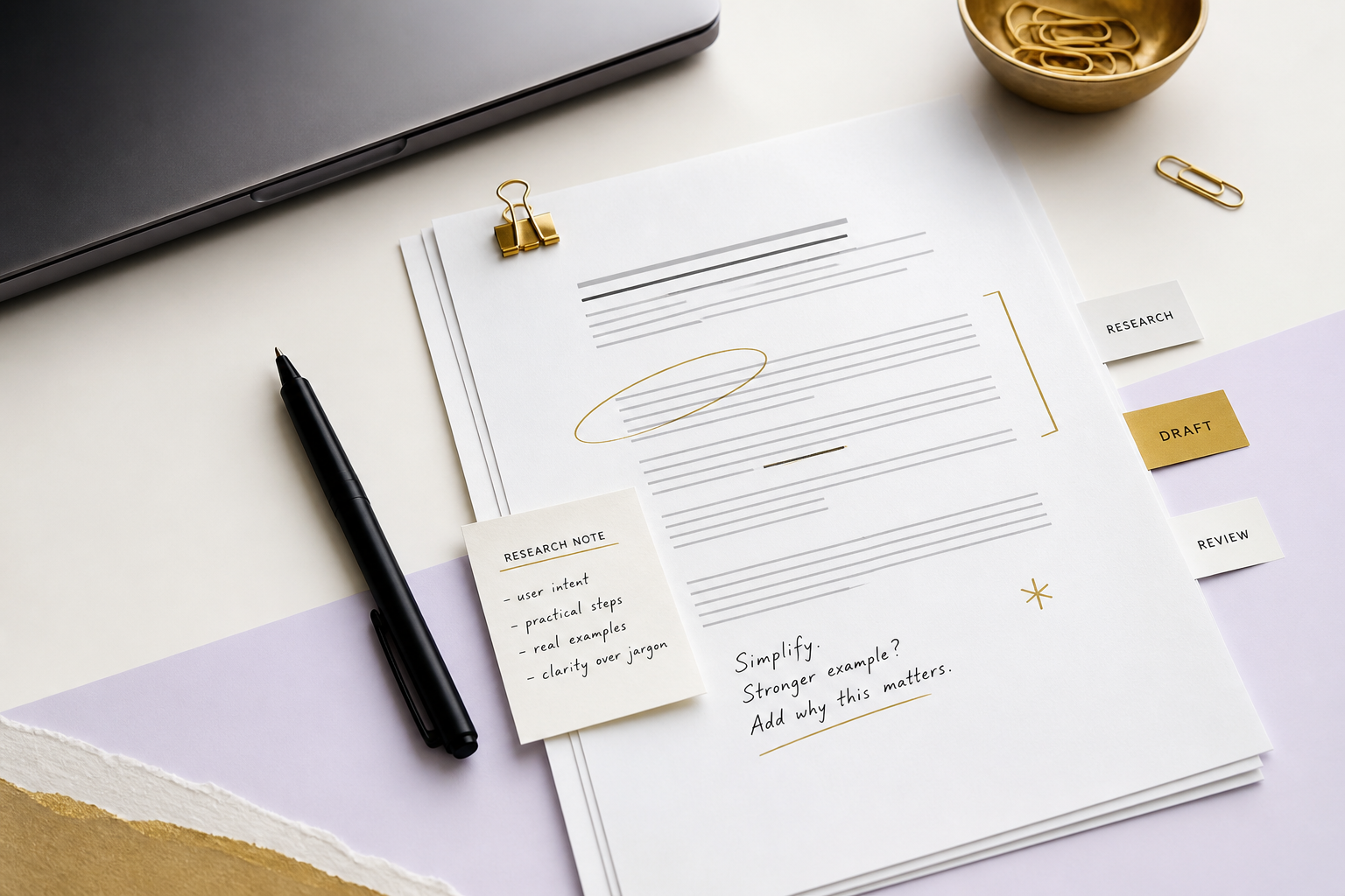 An annotated manuscript and research note sit beside research, draft and review tabs with a pen and laptop.