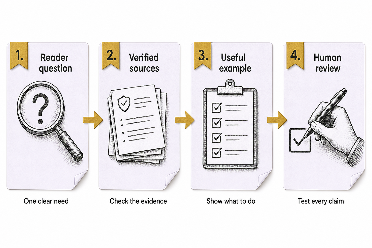 Four steps connect a reader question, verified sources, a useful example and human review.