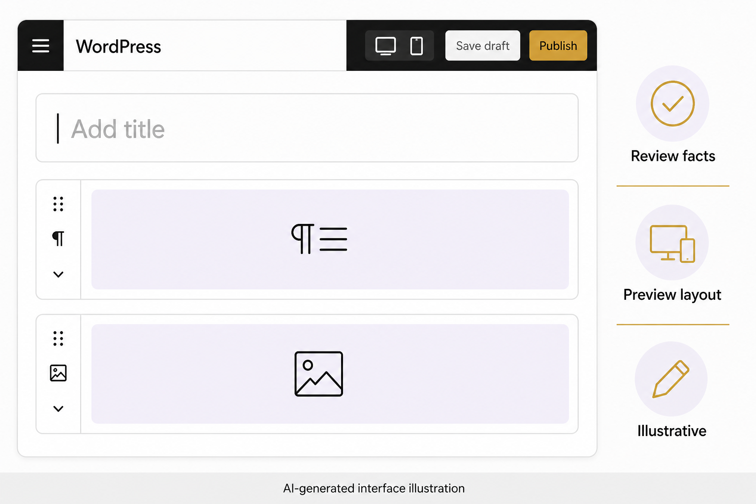 An illustrative WordPress editor shows blank text and image blocks, Save draft and Publish controls, with external fact-review and layout-preview reminders.