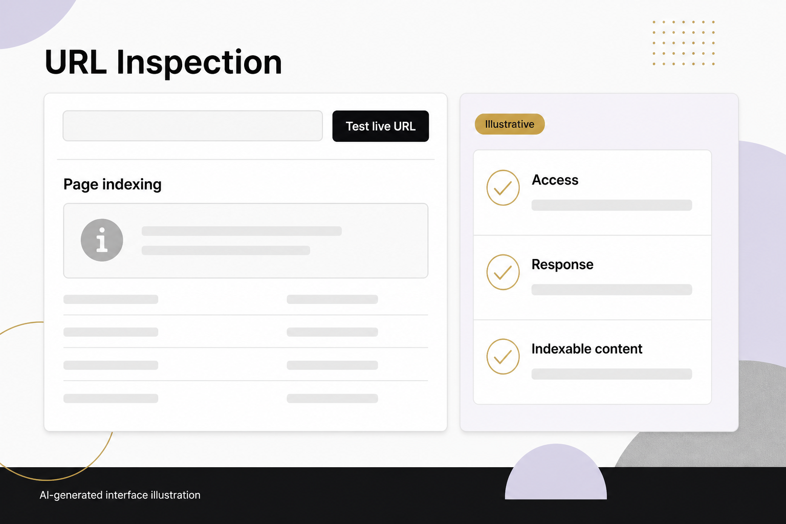 An illustrative URL Inspection panel with Test live URL and Page indexing sits beside Access, Response and Indexable content checks.