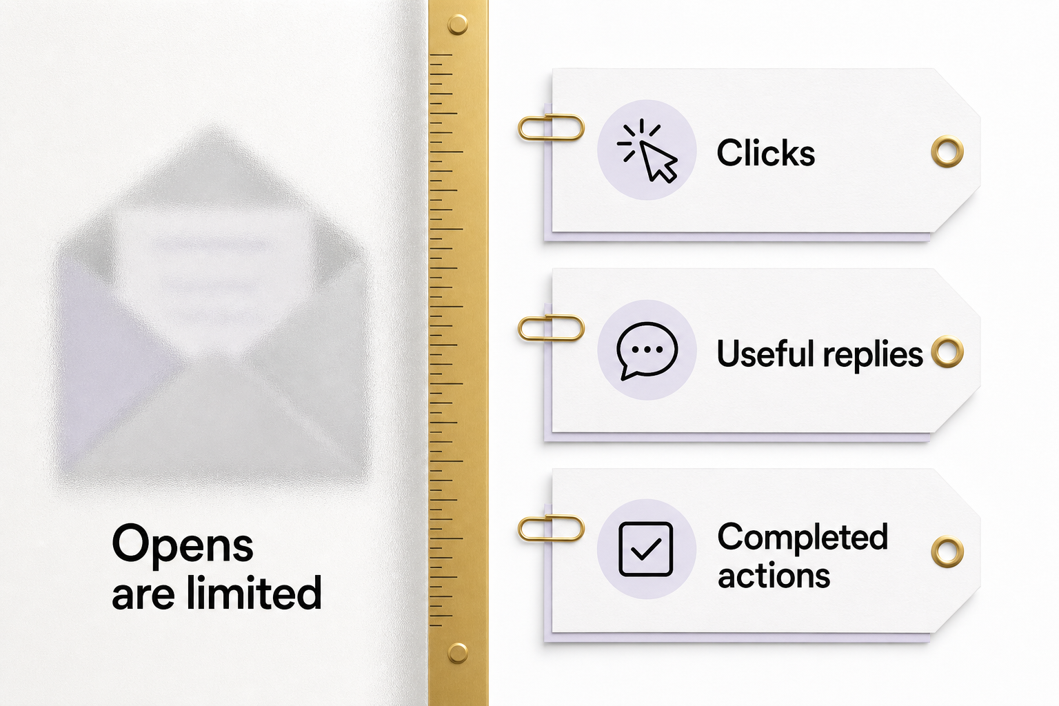 A blurred envelope labeled Opens are limited sits beside Clicks, Useful replies and Completed actions tabs.