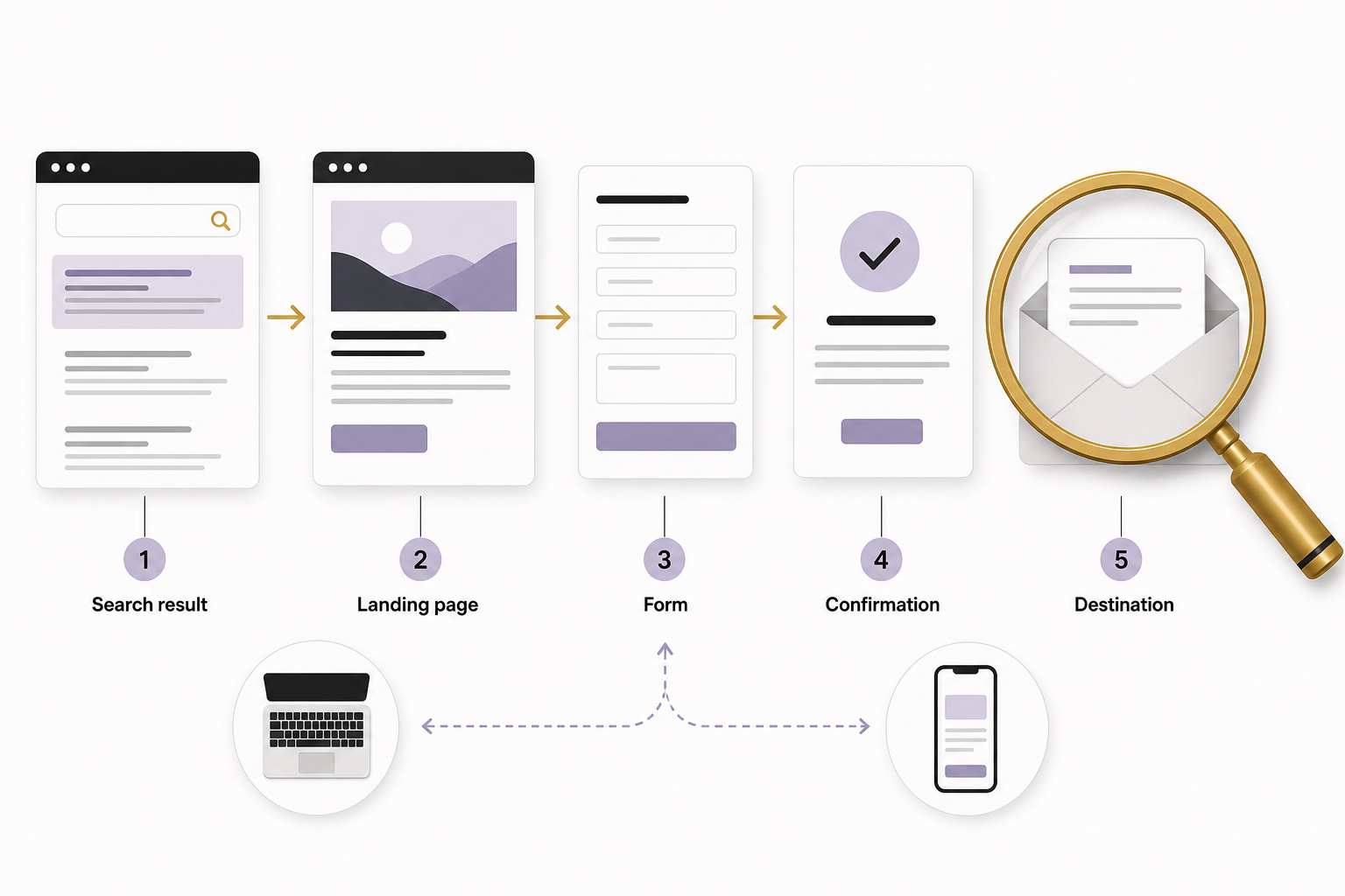 A journey runs from Search result to Landing page, Form and Confirmation, with a magnified Destination inbox and keyboard and phone symbols.