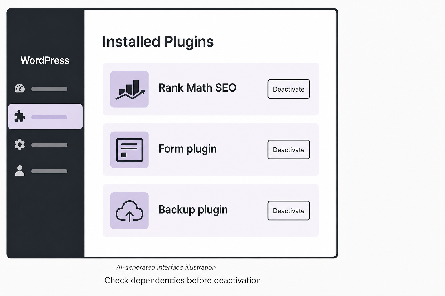 An illustrative Installed Plugins panel lists Rank Math SEO, Form plugin and Backup plugin with Deactivate controls and a Check dependencies before deactivation reminder.