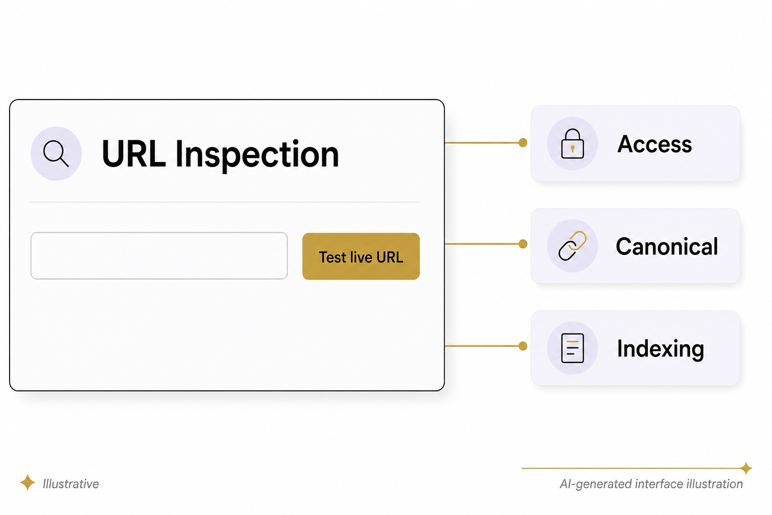 An illustrative URL Inspection panel sits beside separate access, canonical and indexing check cards.