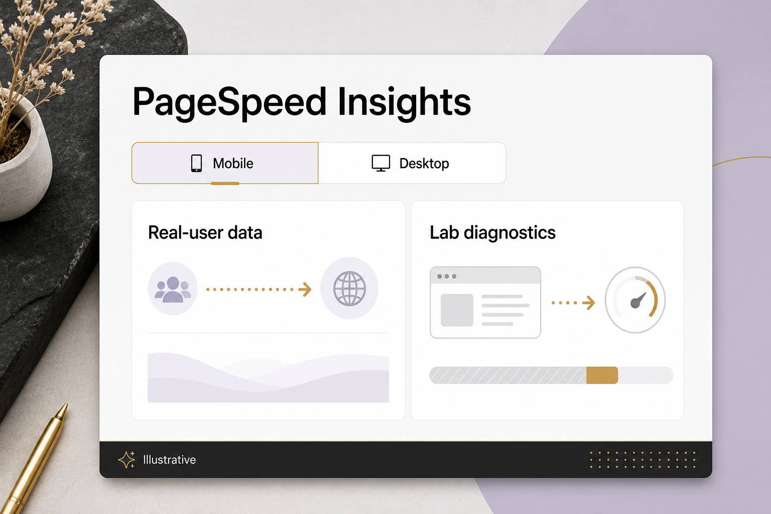 An illustrative PageSpeed Insights panel separates real-user data and lab diagnostics, with Mobile selected.