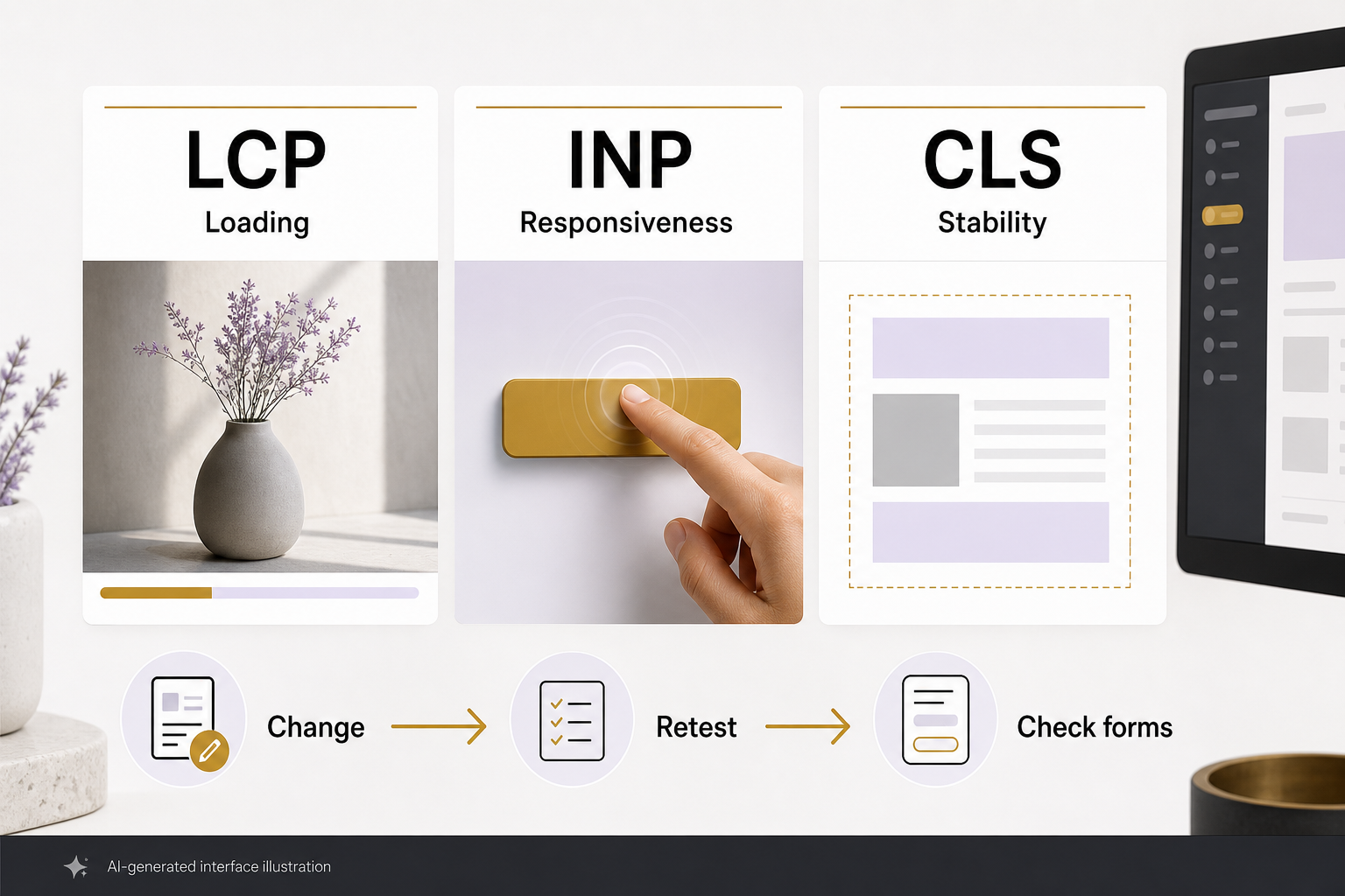 LCP loading, INP responsiveness and CLS stability appear above a Change, Retest and Check forms sequence.