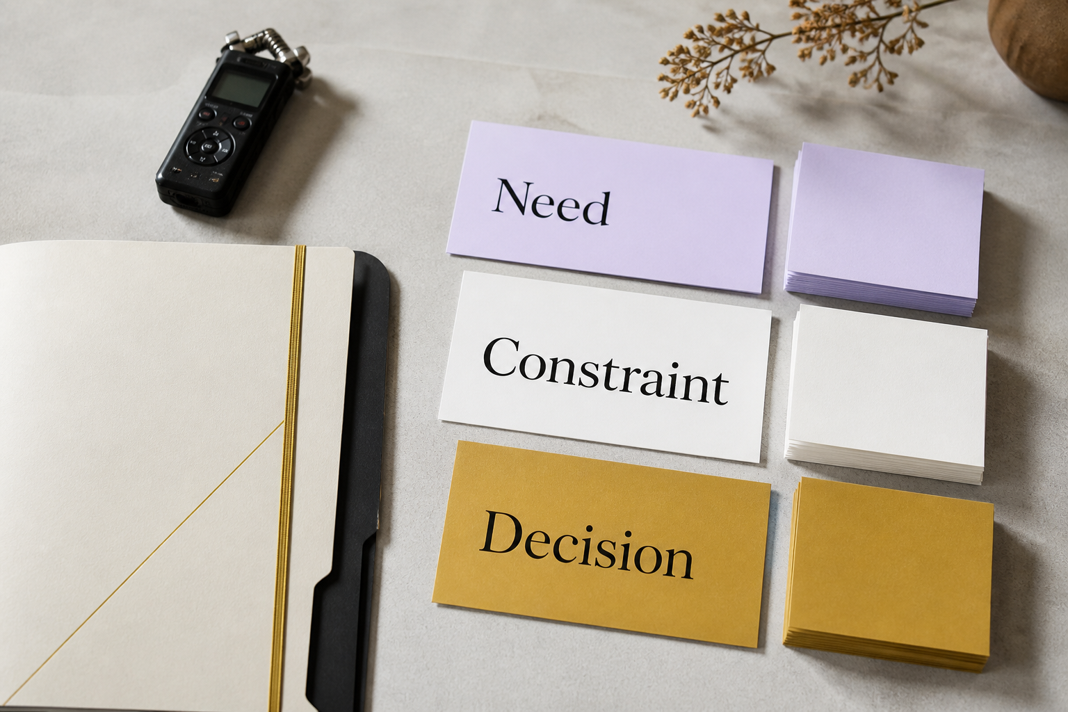 Blank research cards are grouped under Need, Constraint and Decision beside a recorder and folder.