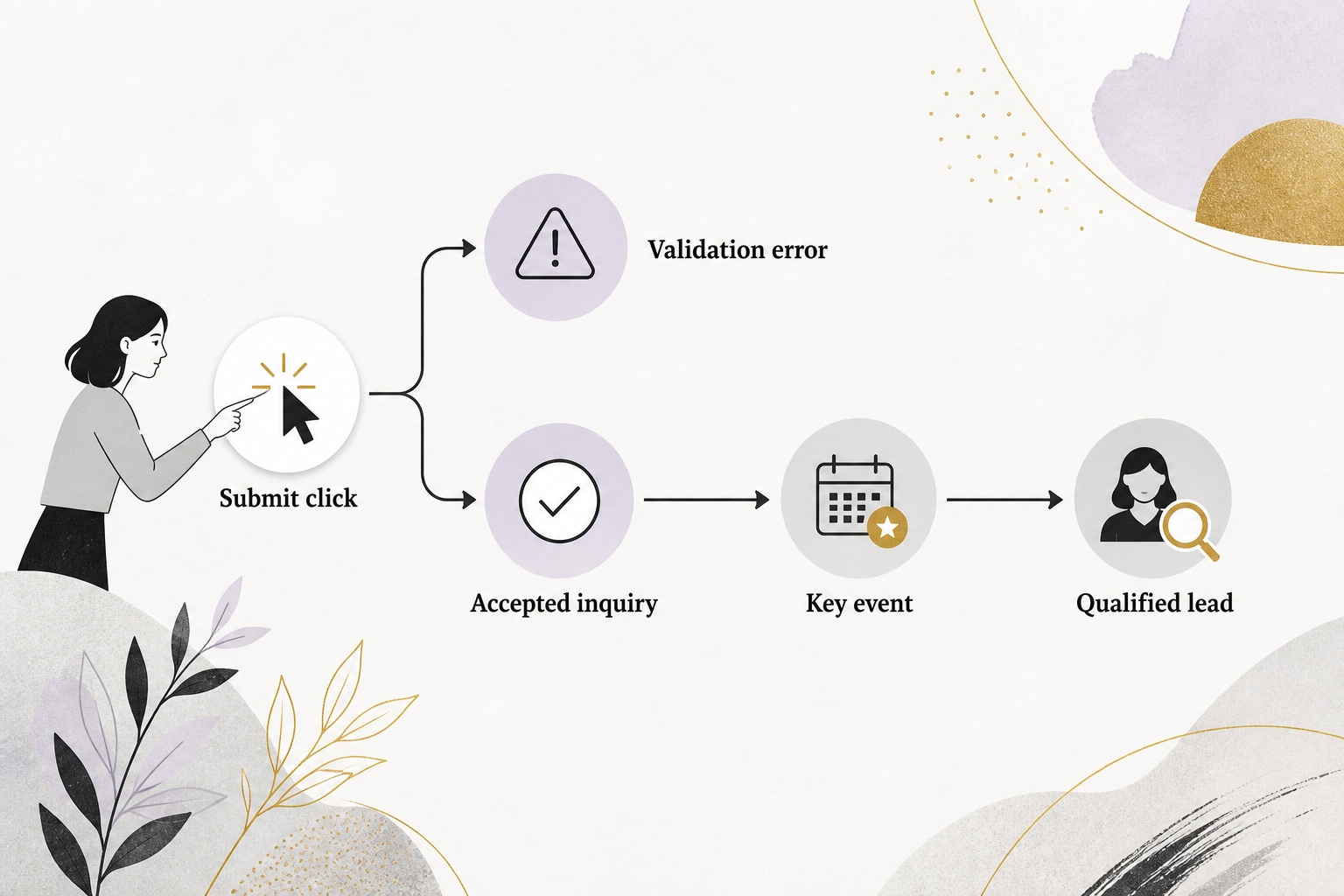 A submit click branches to a validation error or accepted inquiry; the accepted path continues to a key event and a separate lead-review symbol.