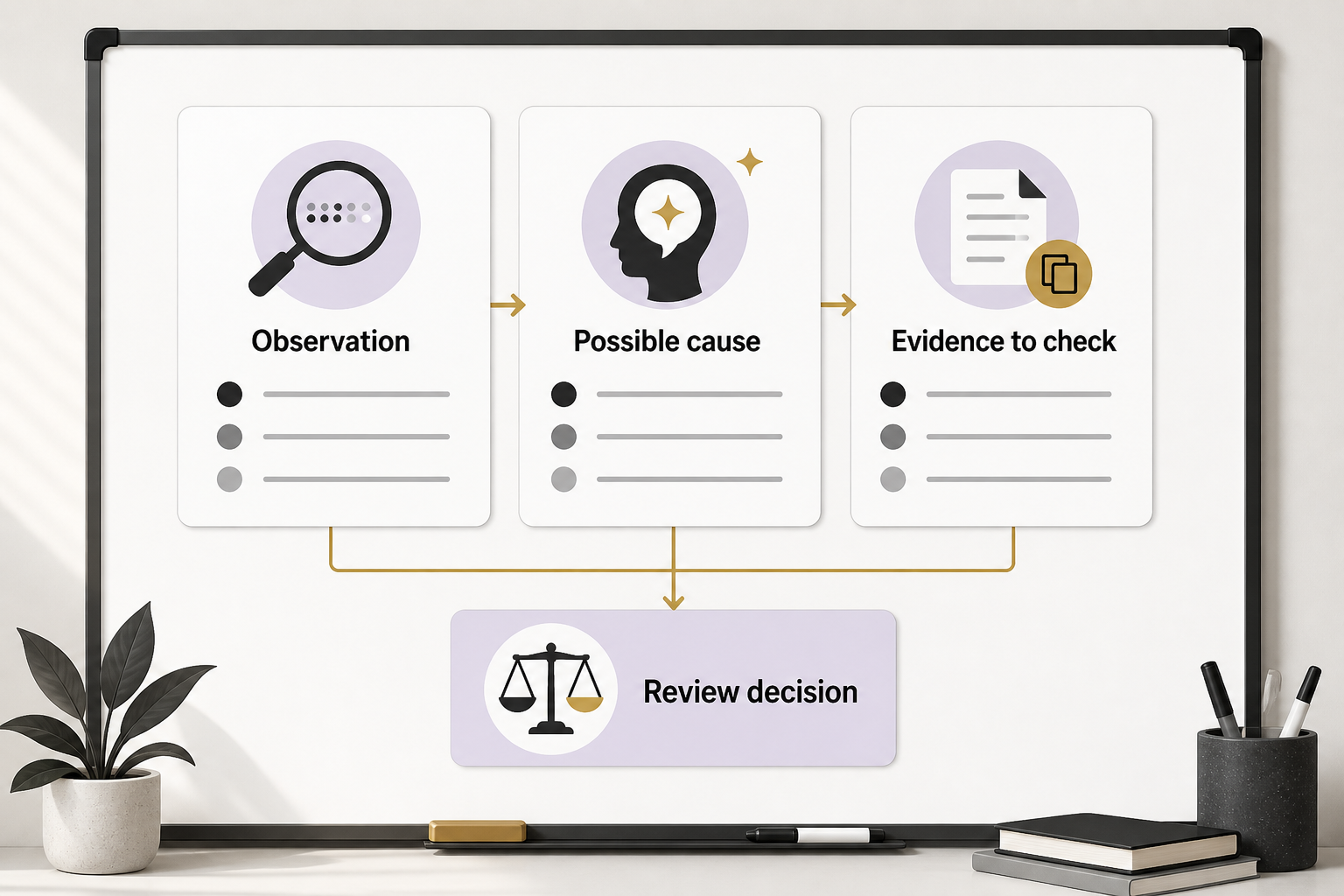 Observation, Possible cause and Evidence to check feed a Review decision on an illustrated whiteboard.