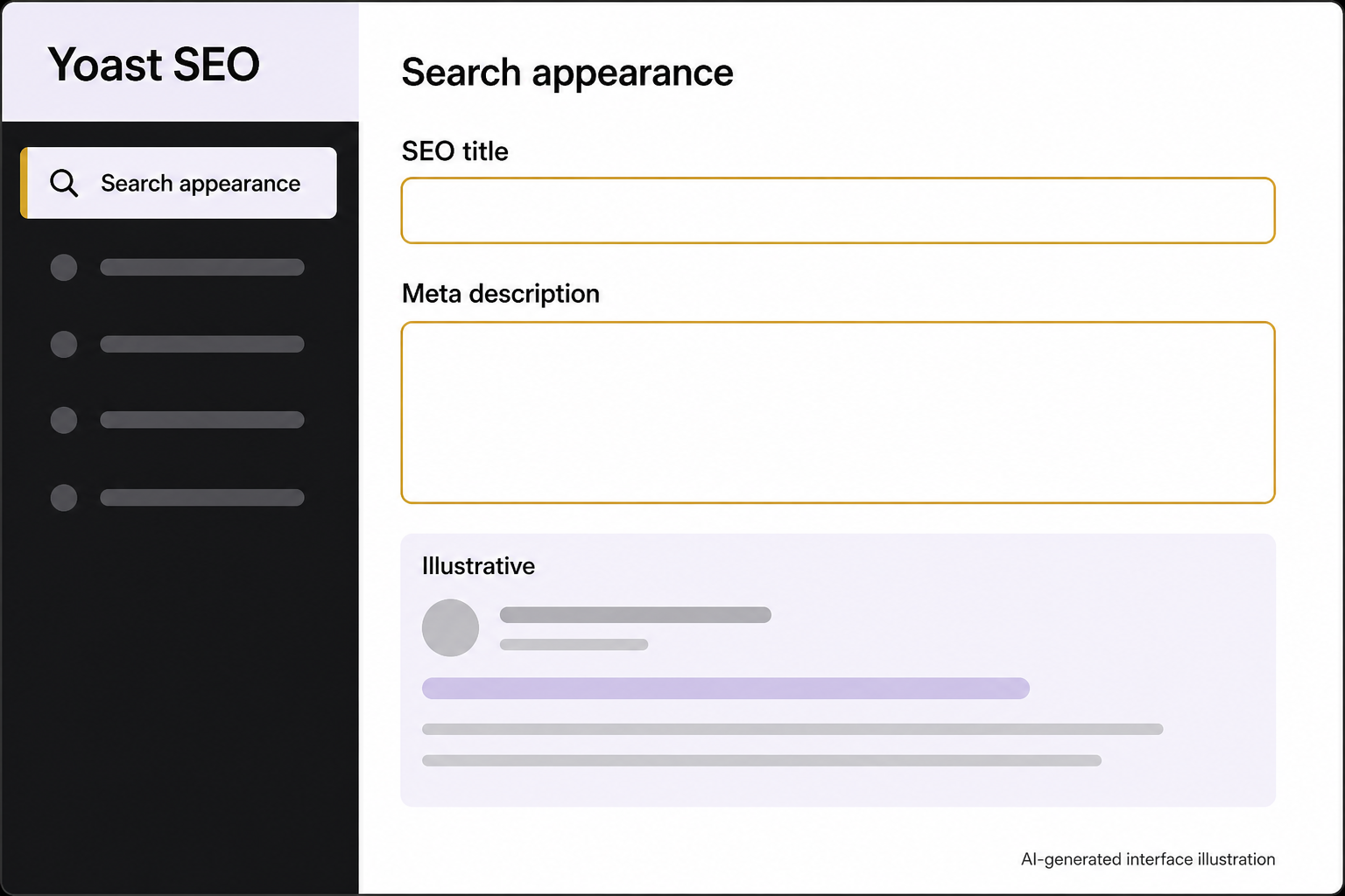 An illustrative Yoast SEO search-appearance panel shows blank SEO title and Meta description fields above a schematic preview.