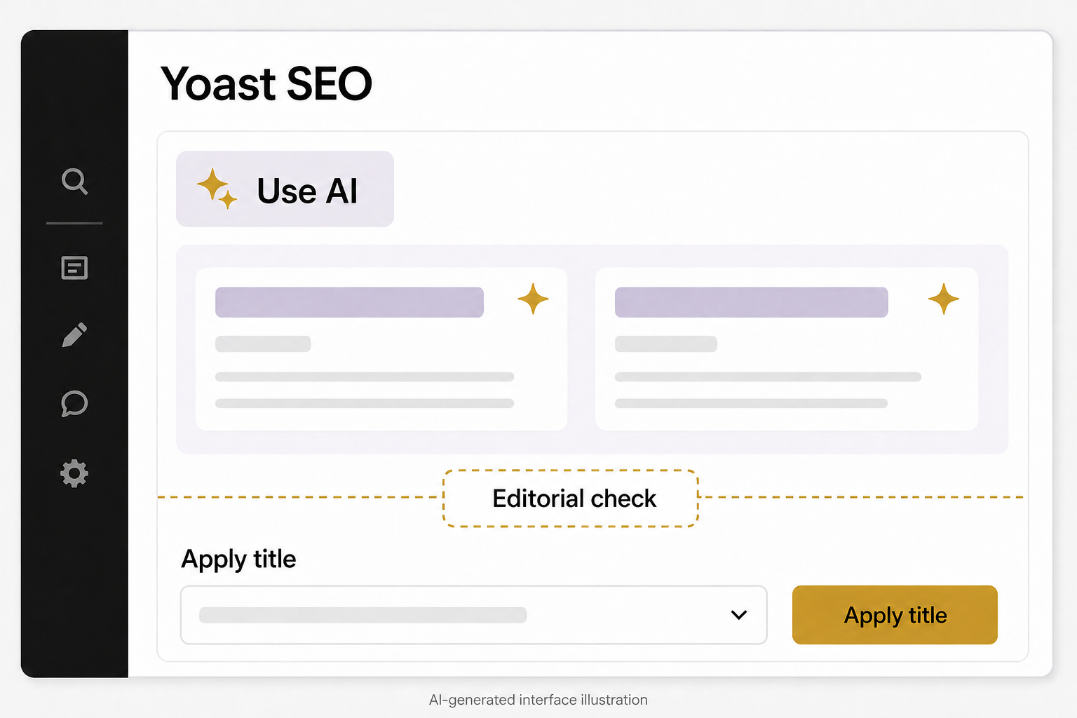 An illustrative Yoast SEO panel shows Use AI, suggestion cards, an Editorial check annotation and Apply title controls.