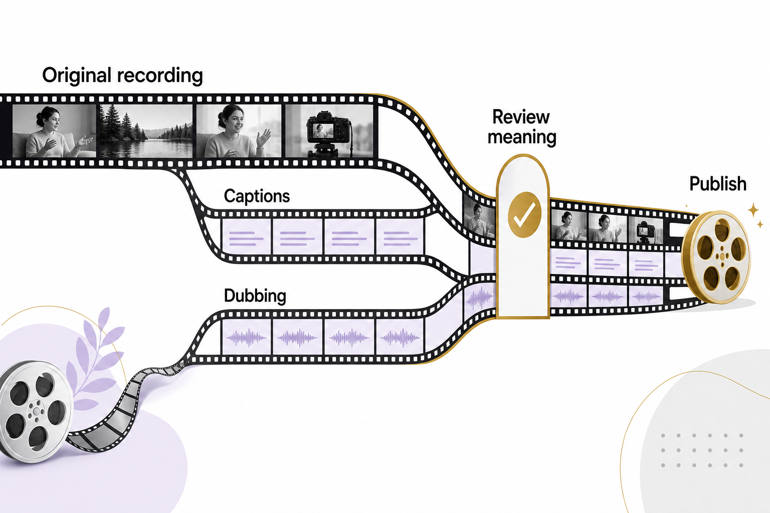 Film-strip tracks for an original recording, captions and dubbing pass a Review meaning gate before publication.