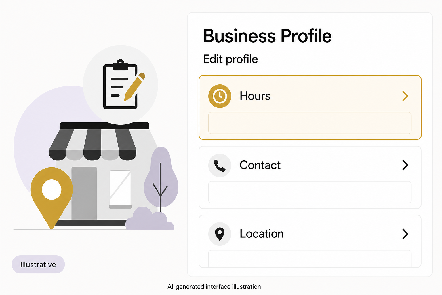 An illustrative Business Profile edit panel highlights Hours above blank Contact and Location sections.