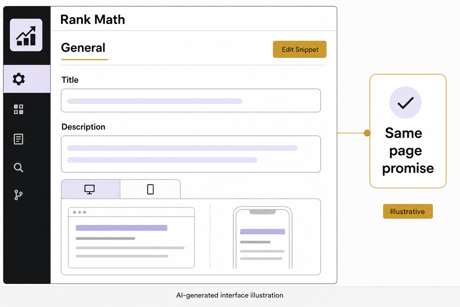 An illustrative Rank Math panel shows General, Edit Snippet, Title and Description controls beside a Same page promise annotation.