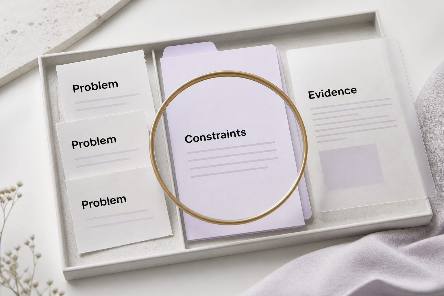 A research tray holds Problem cards, a Constraints folder beneath a gold lens frame and an Evidence sheet.